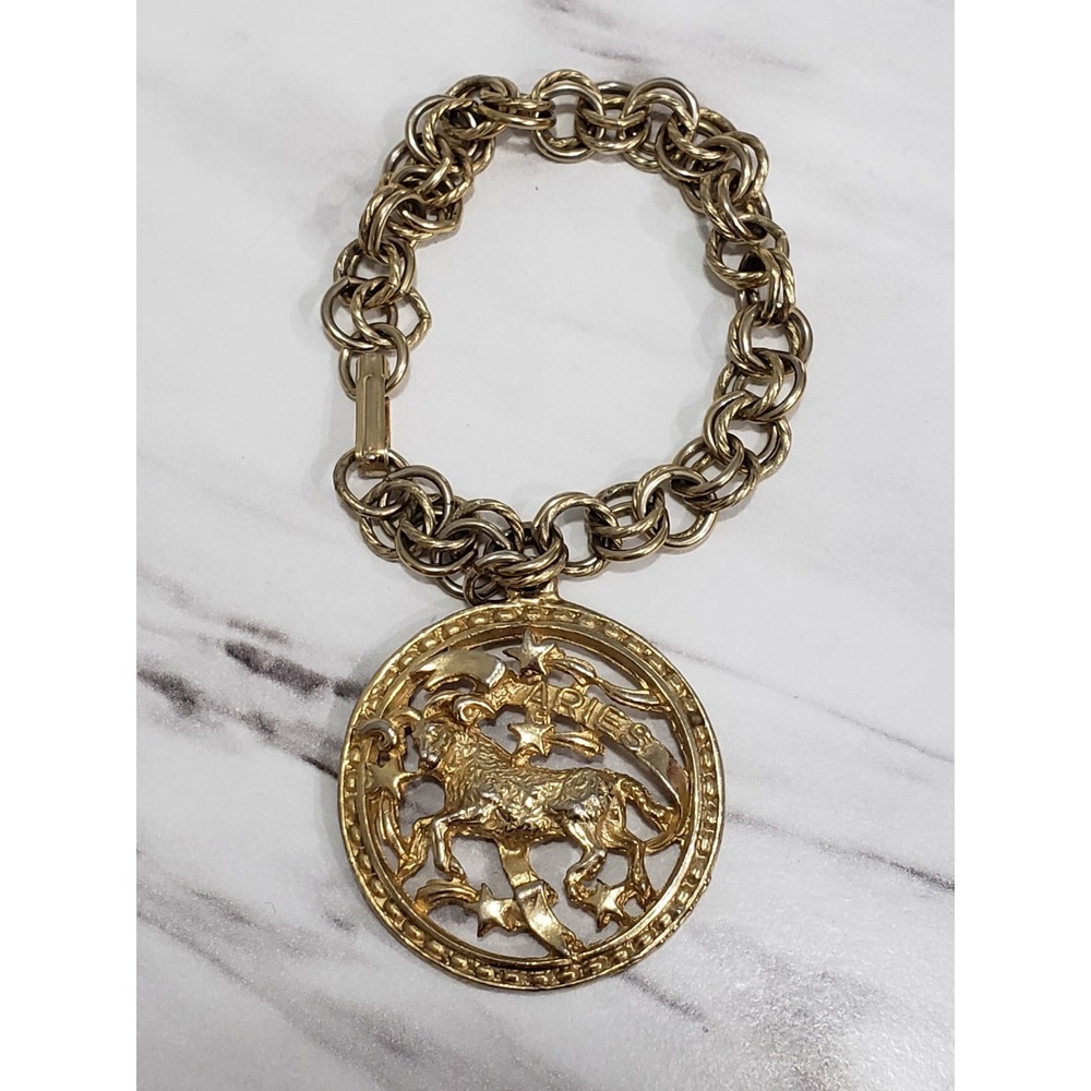 Zodiac Aries Large Coin Medallion Charm Bracelet Vintage Gold Tone 70s 80s
